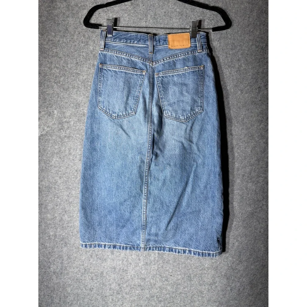 Denim Forum The 90s Halle Skirt Blue Medium Wash Front Slit Midi Denim Skirt 26